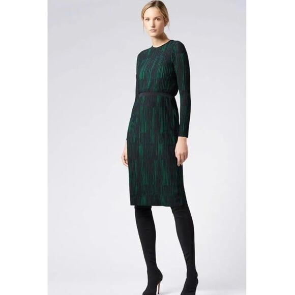 BOSS Etizia Green Stripe Pleated Midi Dress Size 8 Event Witchy Cocktail Career - Picture 2 of 8